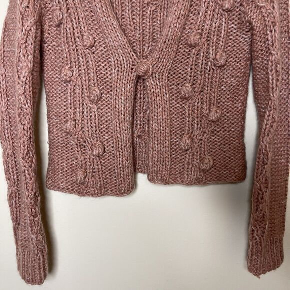 COOPERATIVE UO Women's Coral Pink Wool Bauble Pom Pom Cardigan Sweater Sz M - Picture 3 of 5